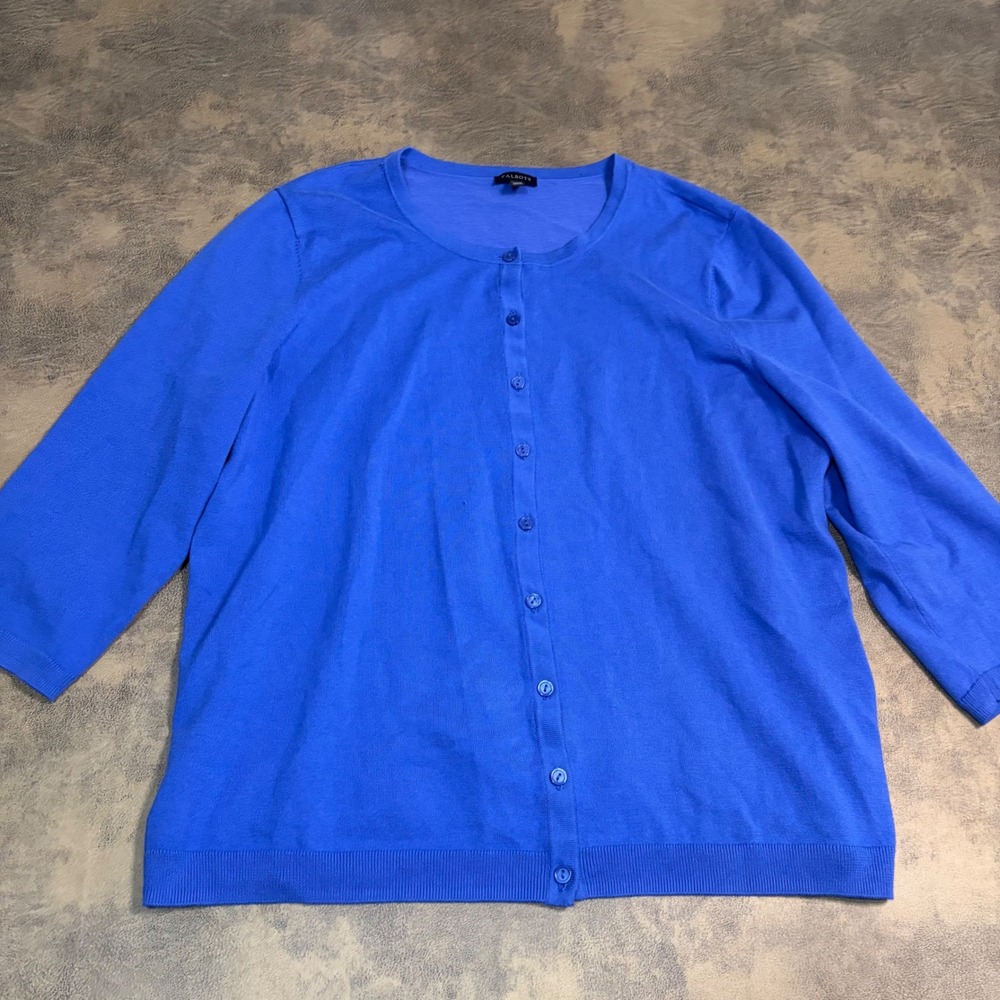 Talbots Cardigan Womens XL Blue 3/4 Sleeve Button Front Crew Neck Knit Sweater